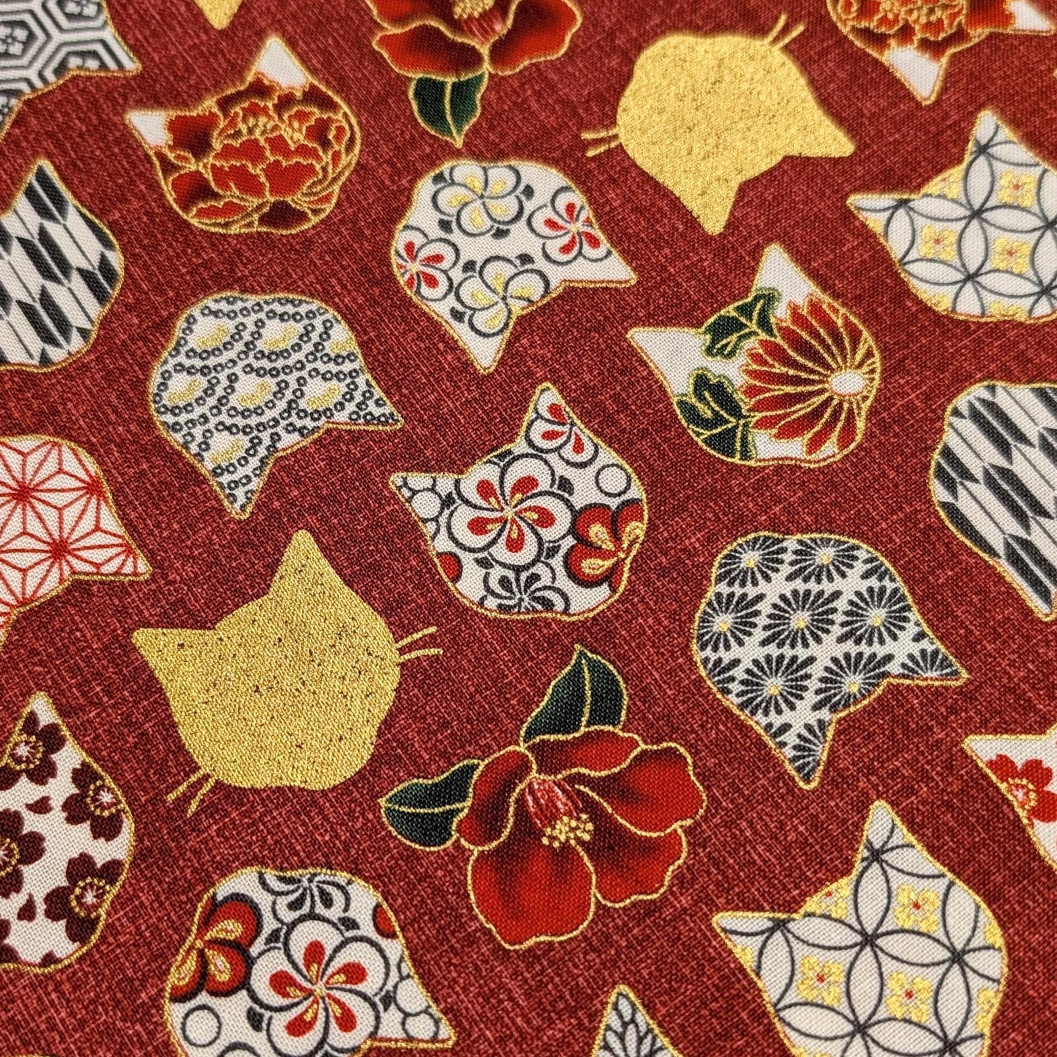 QuiltGate - Hyakka Ryoran Patterned Cats Cotton Fabric - Red