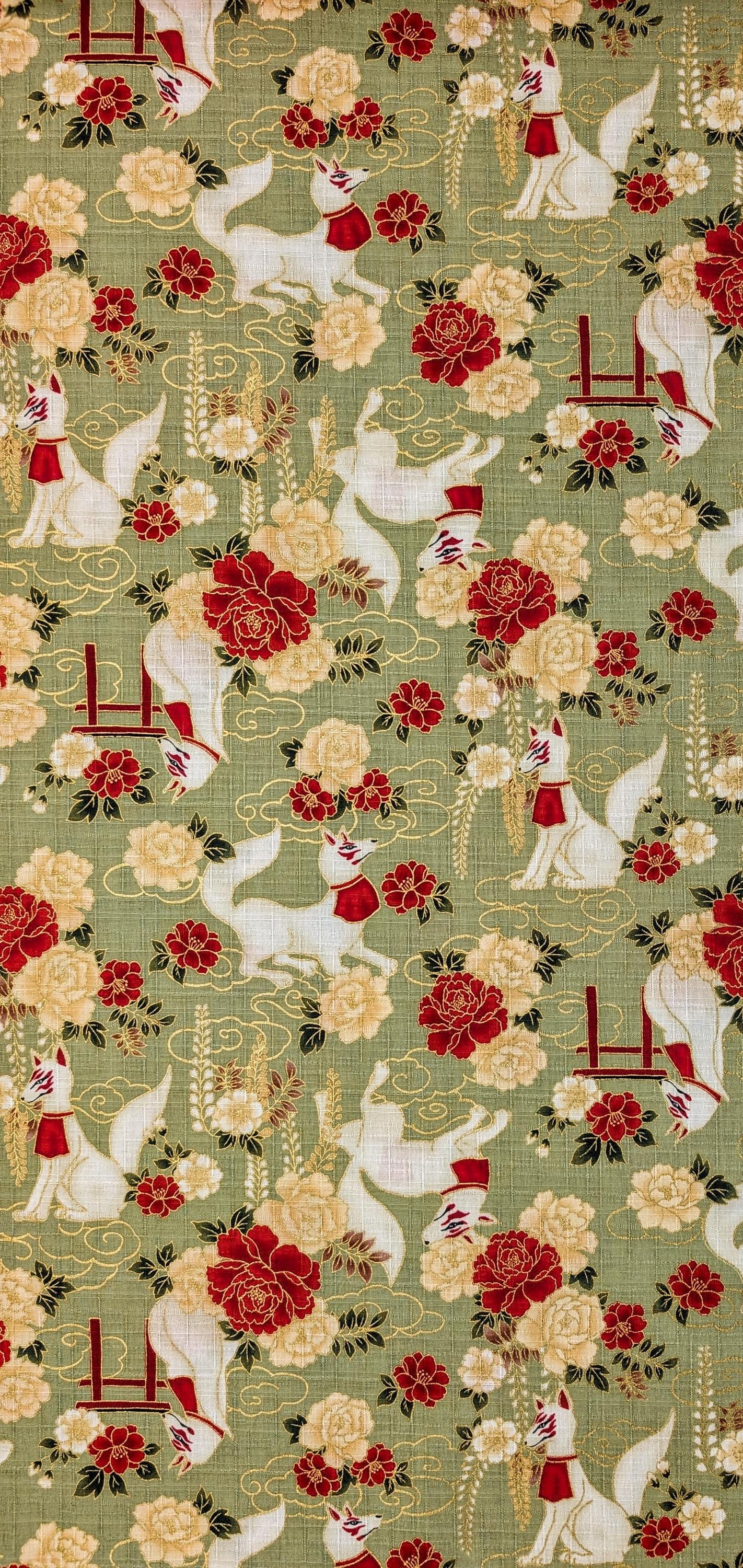 NEW Quilt Gate Hyakka Ryoran Golden Kitsune Japanese cotton fabric AP-52905-2-B green