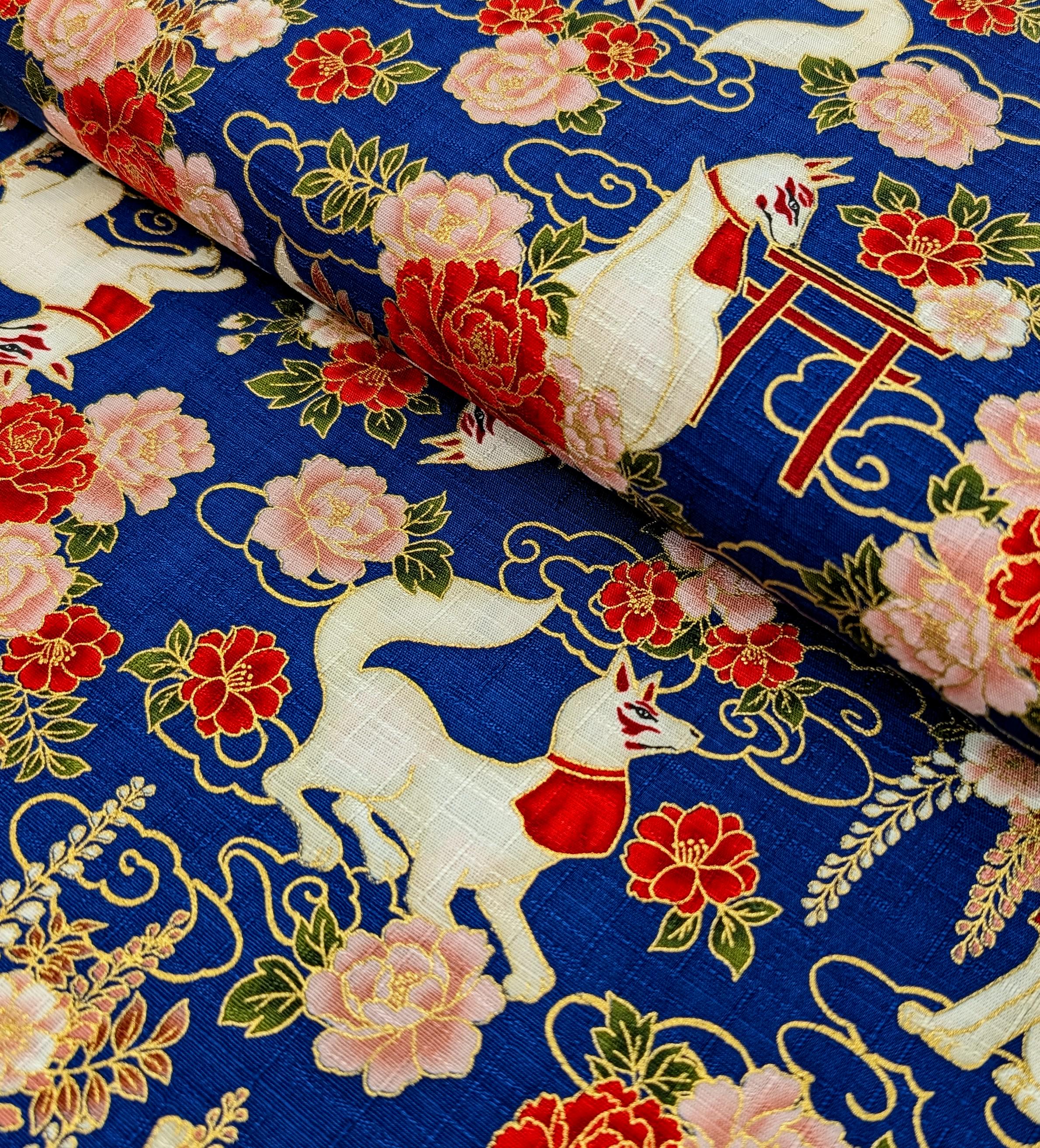 NEW Quilt Gate Hyakka Ryoran Golden Kitsune Japanese cotton fabric AP-52905-2-D blue