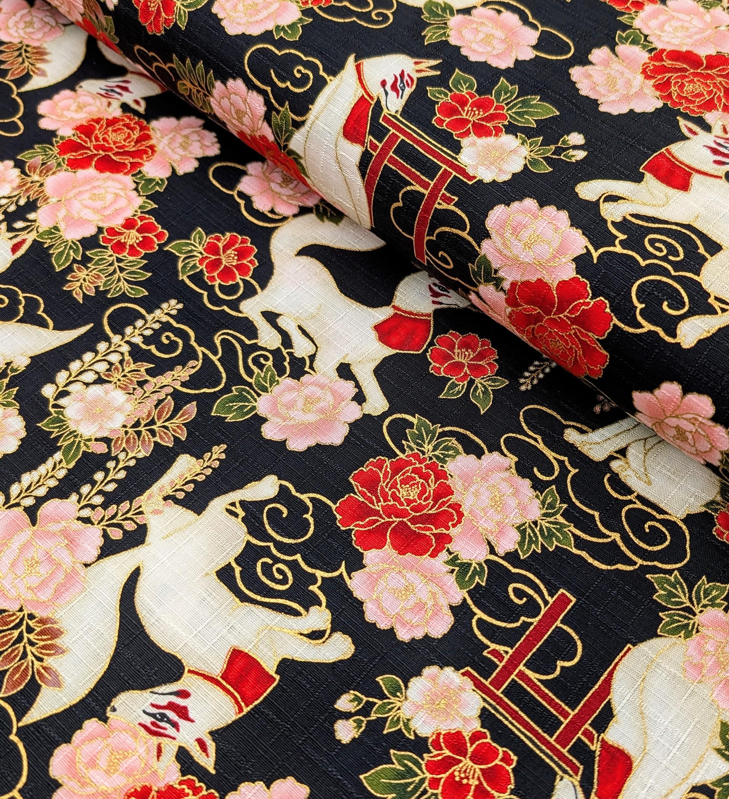 NEW Quilt Gate Hyakka Ryoran Golden Kitsune Japanese cotton fabric AP-52905-2-E black