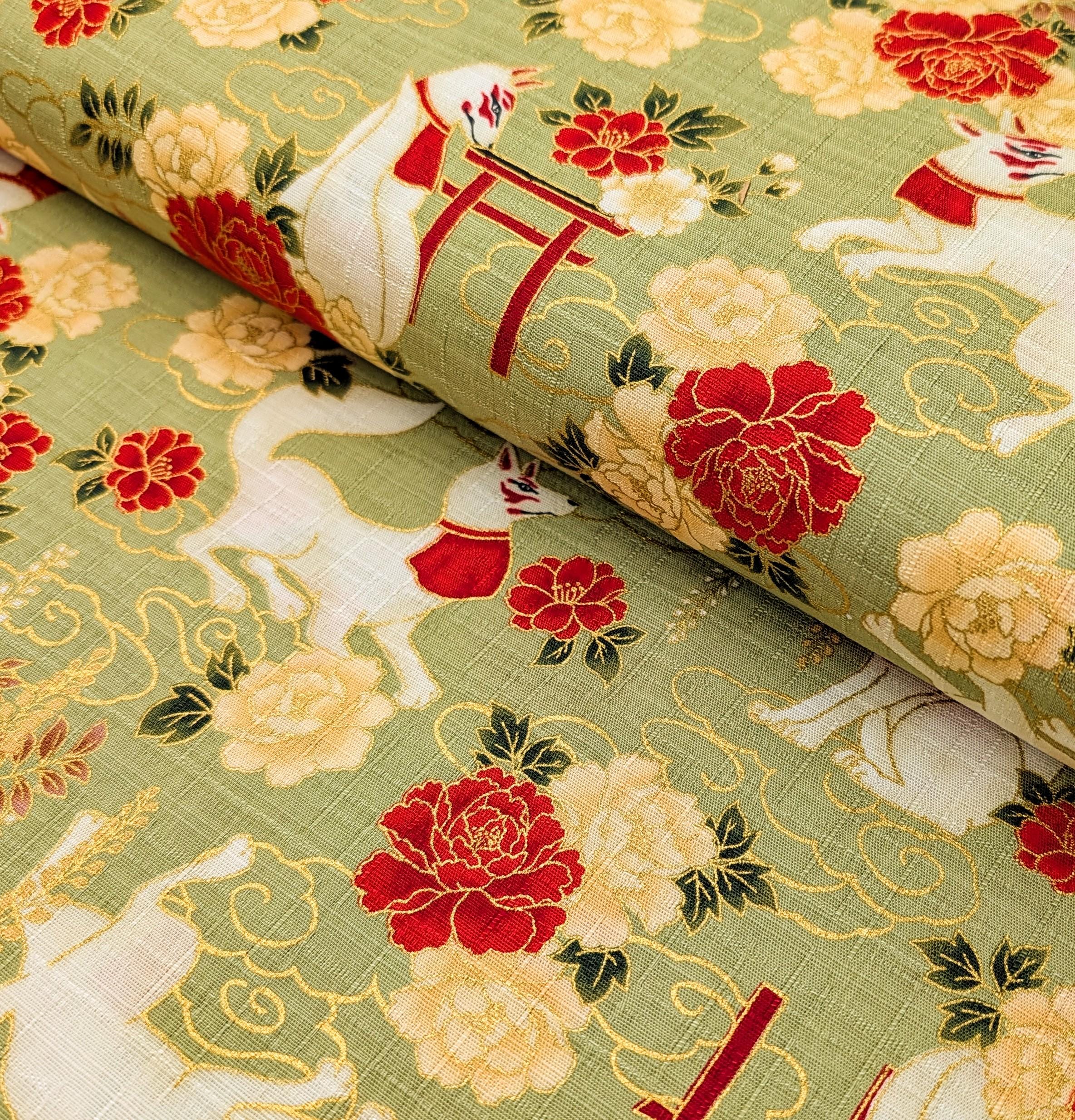 NEW Quilt Gate Hyakka Ryoran Golden Kitsune Japanese cotton fabric AP-52905-2-B green