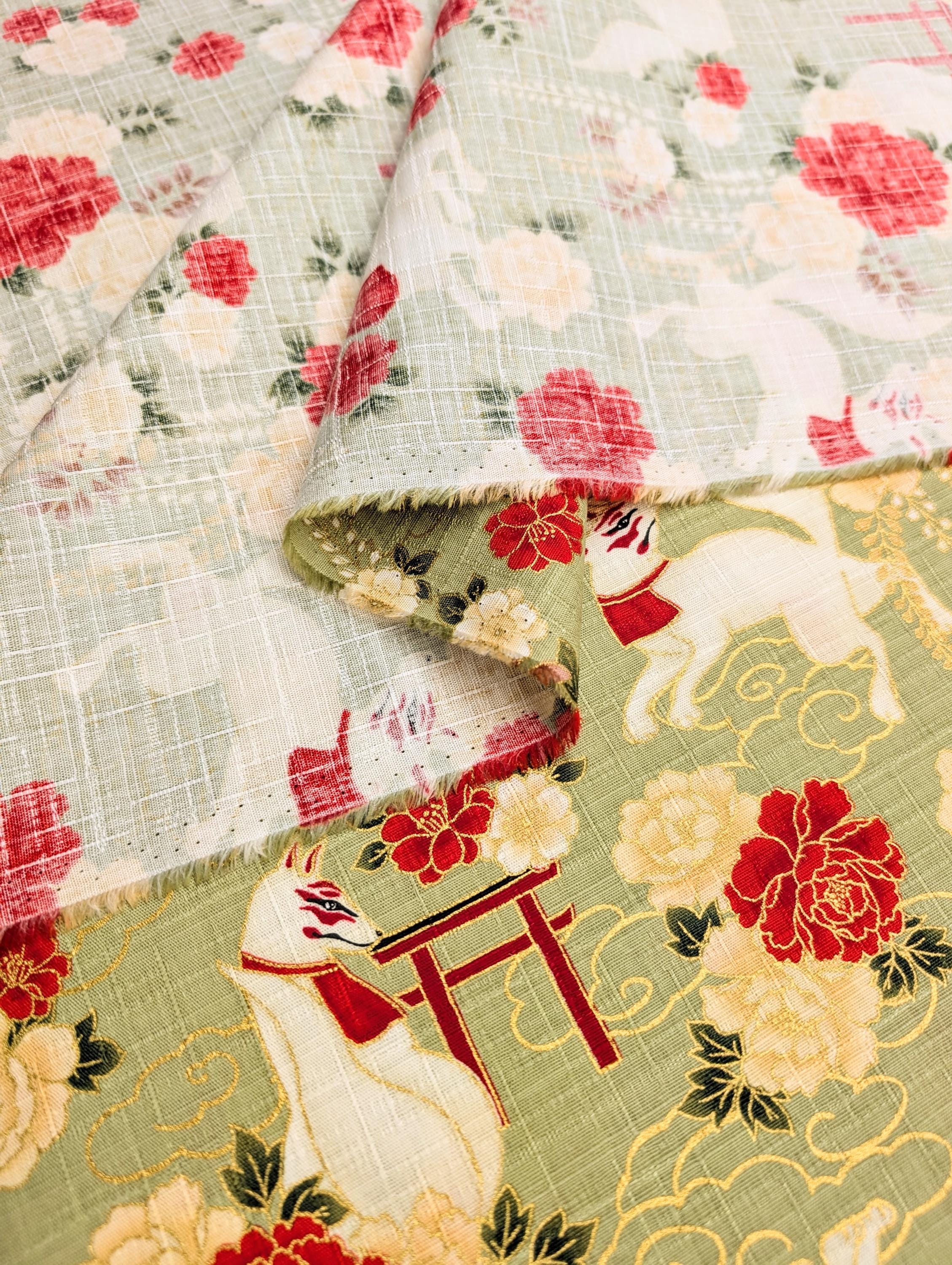 NEW Quilt Gate Hyakka Ryoran Golden Kitsune Japanese cotton fabric AP-52905-2-B green