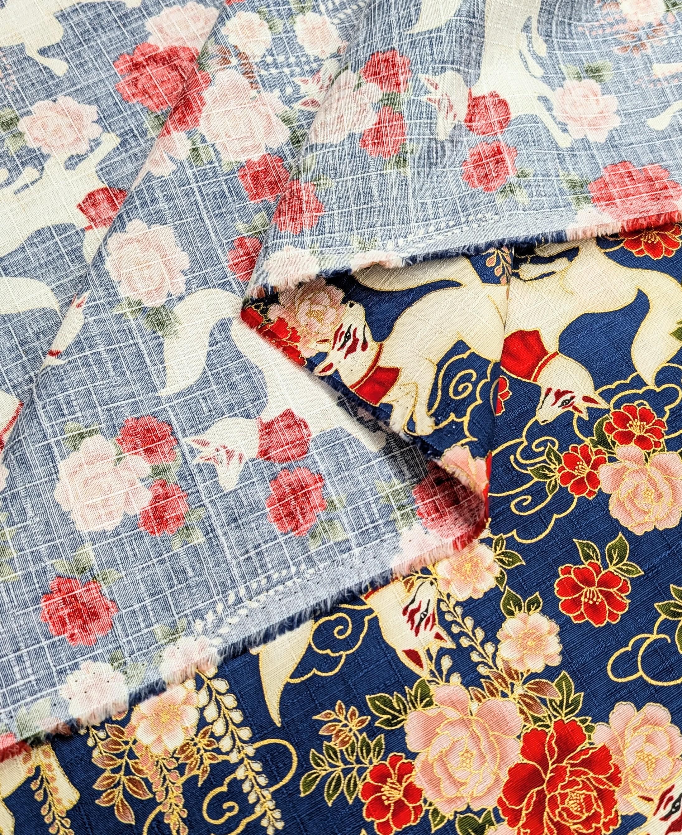 NEW Quilt Gate Hyakka Ryoran Golden Kitsune Japanese cotton fabric AP-52905-2-D blue