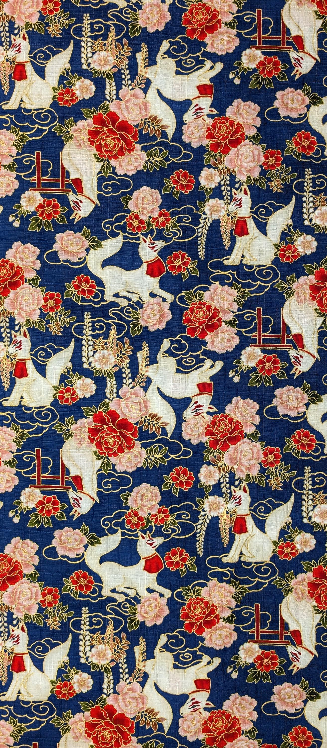 NEW Quilt Gate Hyakka Ryoran Golden Kitsune Japanese cotton fabric AP-52905-2-D blue
