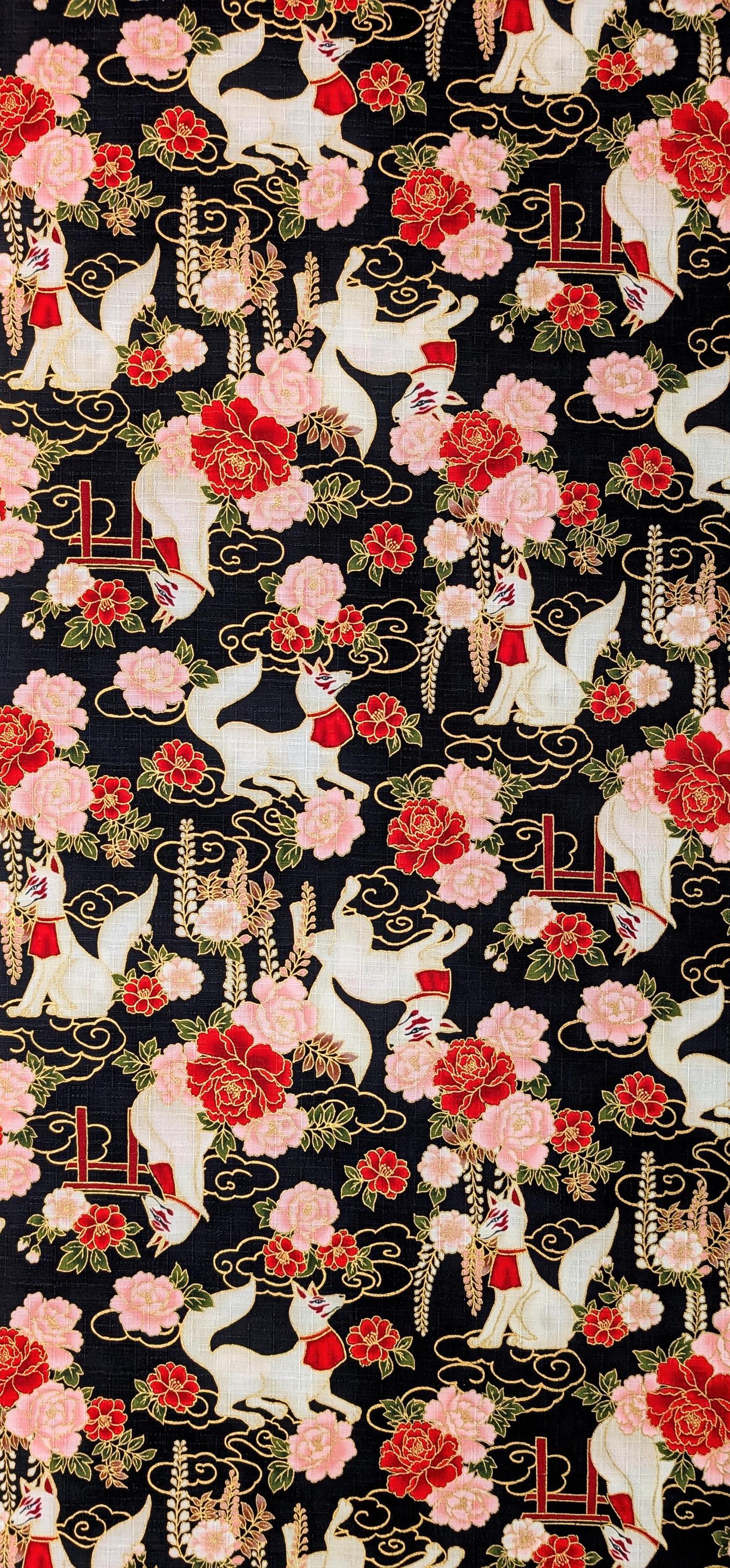 NEW Quilt Gate Hyakka Ryoran Golden Kitsune Japanese cotton fabric AP-52905-2-E black