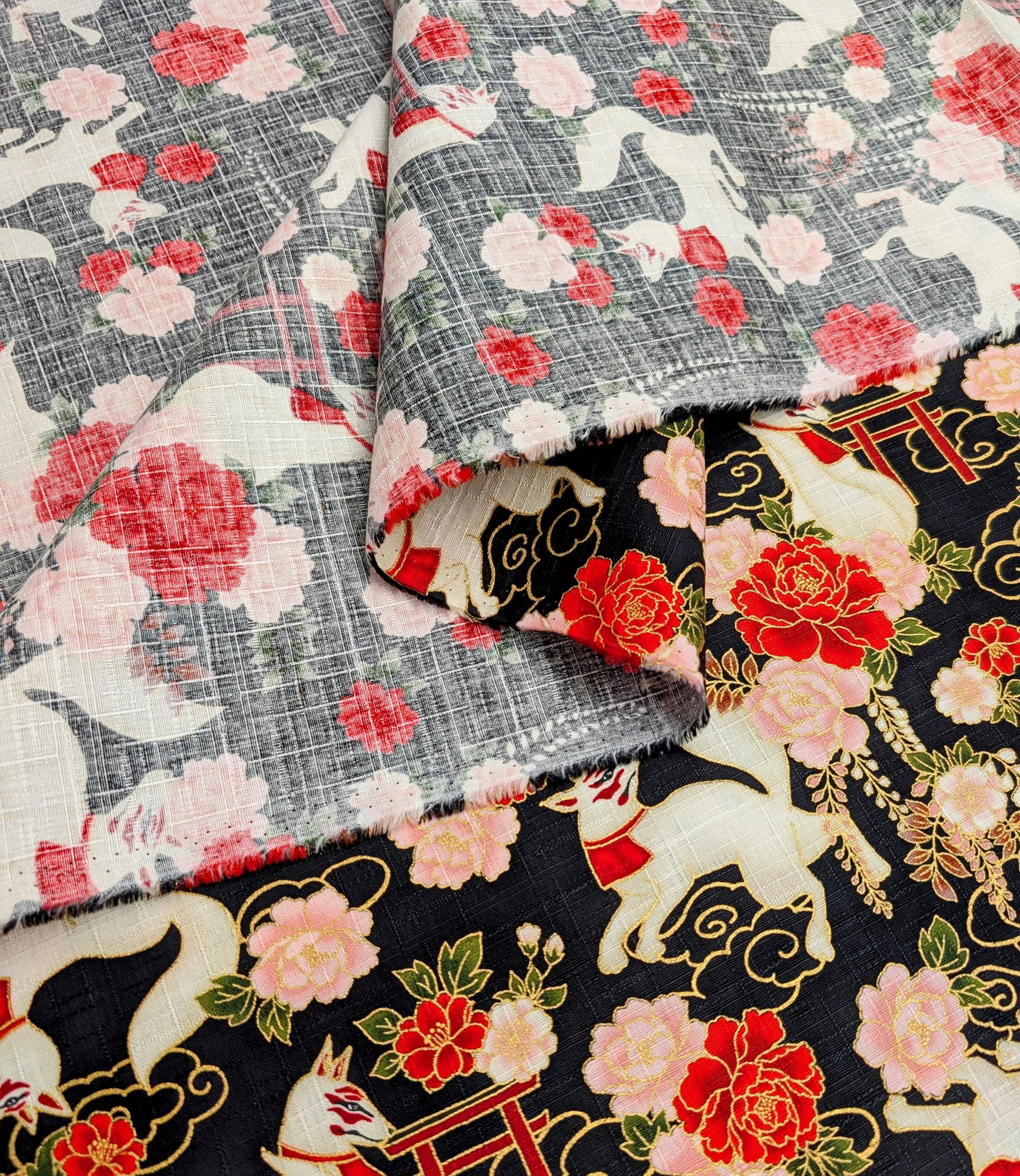 NEW Quilt Gate Hyakka Ryoran Golden Kitsune Japanese cotton fabric AP-52905-2-E black