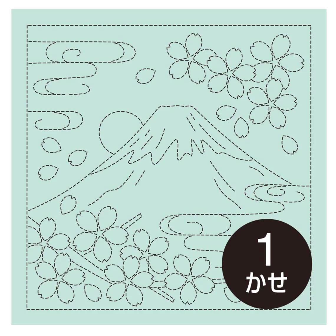 Olympus - Mt. Fuji and Cherry Blossom Cotton Sashiko Sampler Cloth - Green