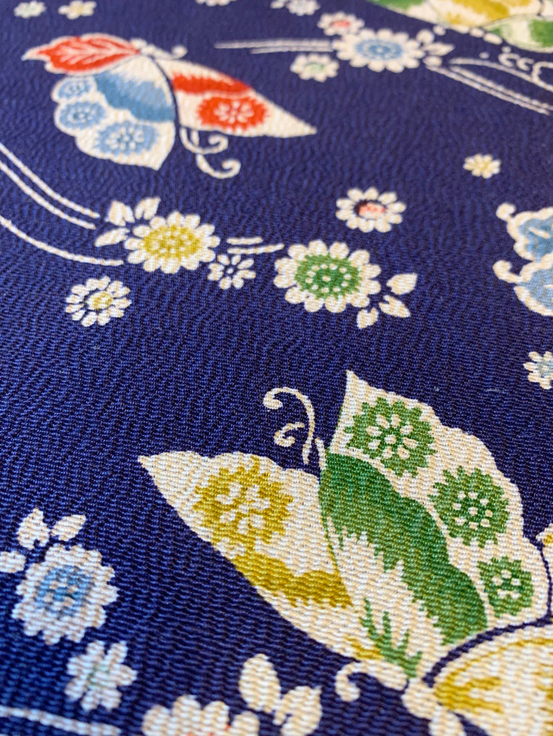 Butterflies in Blue - Vintage Kimono Silk Chirimen fabric