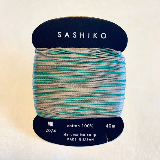 Daruma #301 "RAIN SOUNDS" variegated gray and green Japanese Cotton SASHIKO thread 40 meter card 20/4