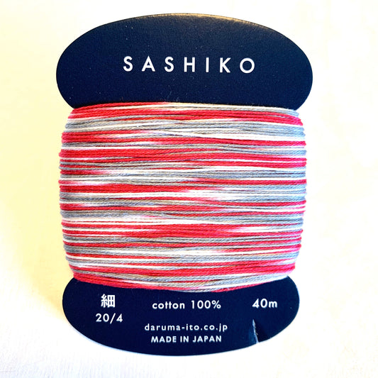 Daruma #403 MORNING GLORY variegated red white and gray Japanese Cotton SASHIKO thread 40 meter card 20/4