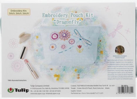 Dragonfly Tulip Embroidery sampler pouch kit with fabric, thread, and needle