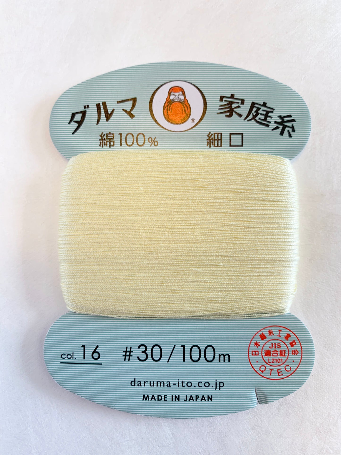Daruma Home Thread Color #16 Cream Yellow Hand Sewing Thread Japanese Cotton 100 meter skein size #30